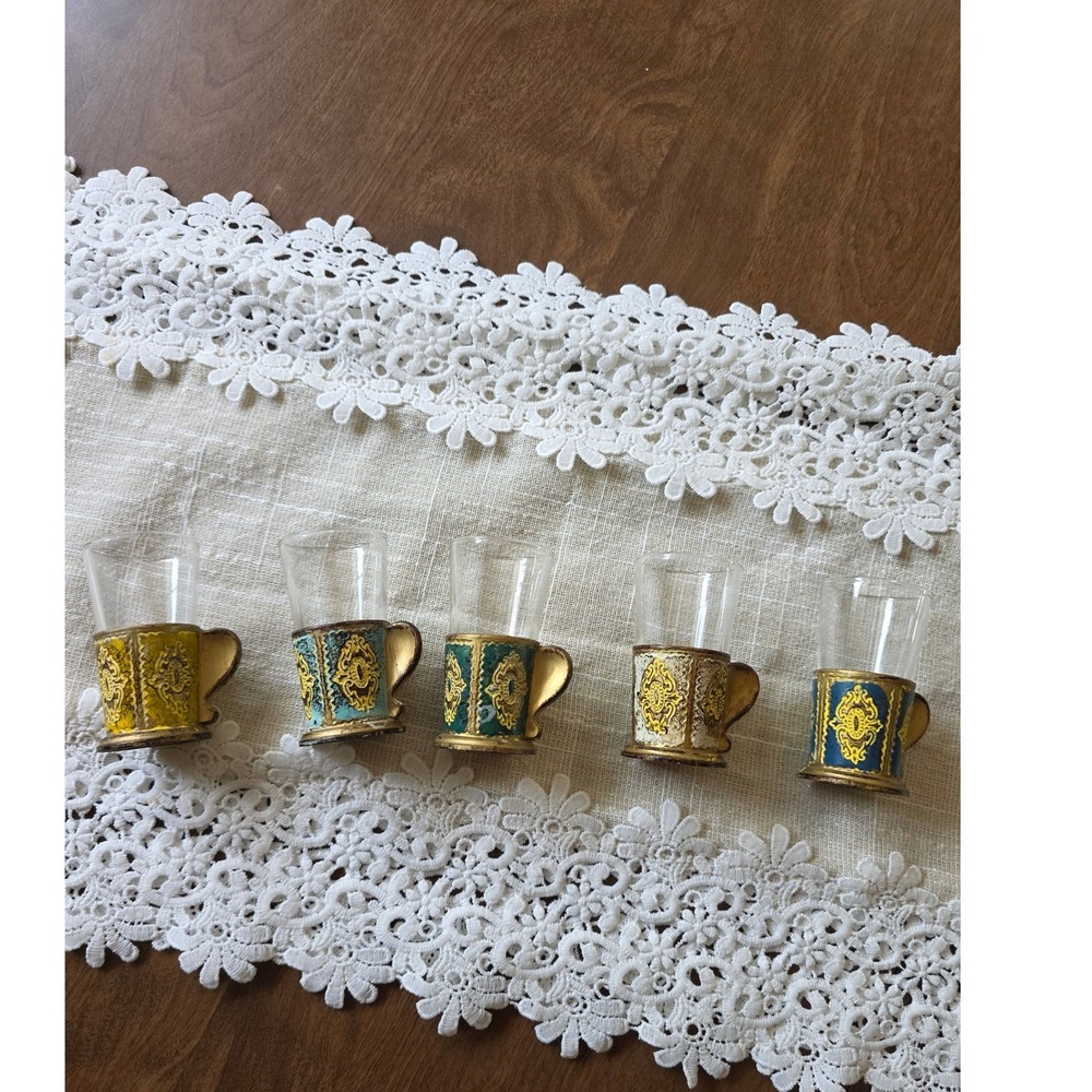 Vintage Florentine Style Miniature  Glass Set with plastic Resin Holders 5pc